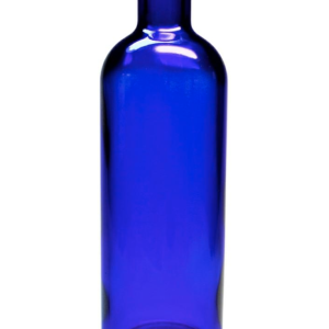 180 ml blå glasflaske med sort låg.