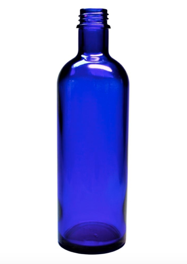180 ml blå glasflaske med sort låg.